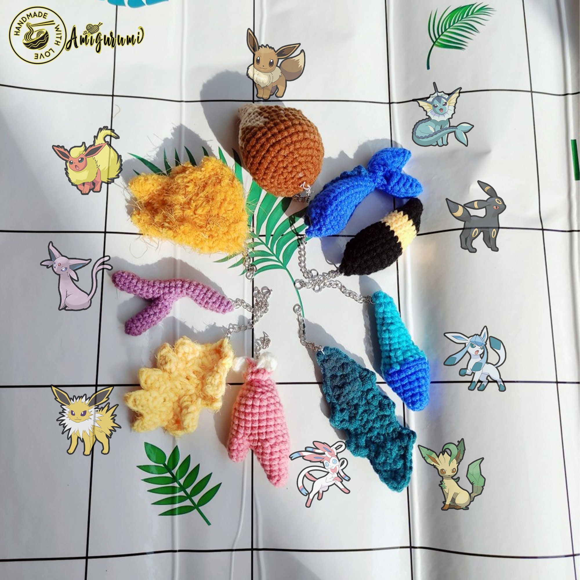 Fanmade Eevee Evolution Tails Keychain Crochet Amigurumi, Eeveelutions Tails Plush, Eevee Evolution Tails Plushies Crochet Doll