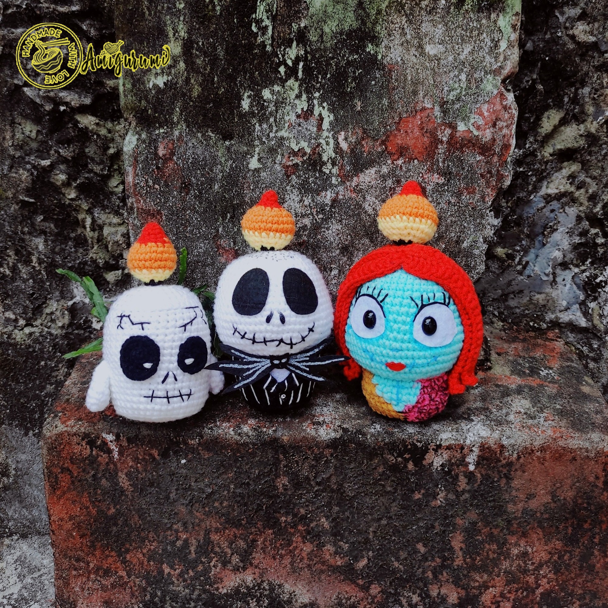 Fanmade Jack Skellington and Sally,Frankenstein Amigurumi Halloween Candle Crochet Doll, Halloween Candle Amigurumi Doll