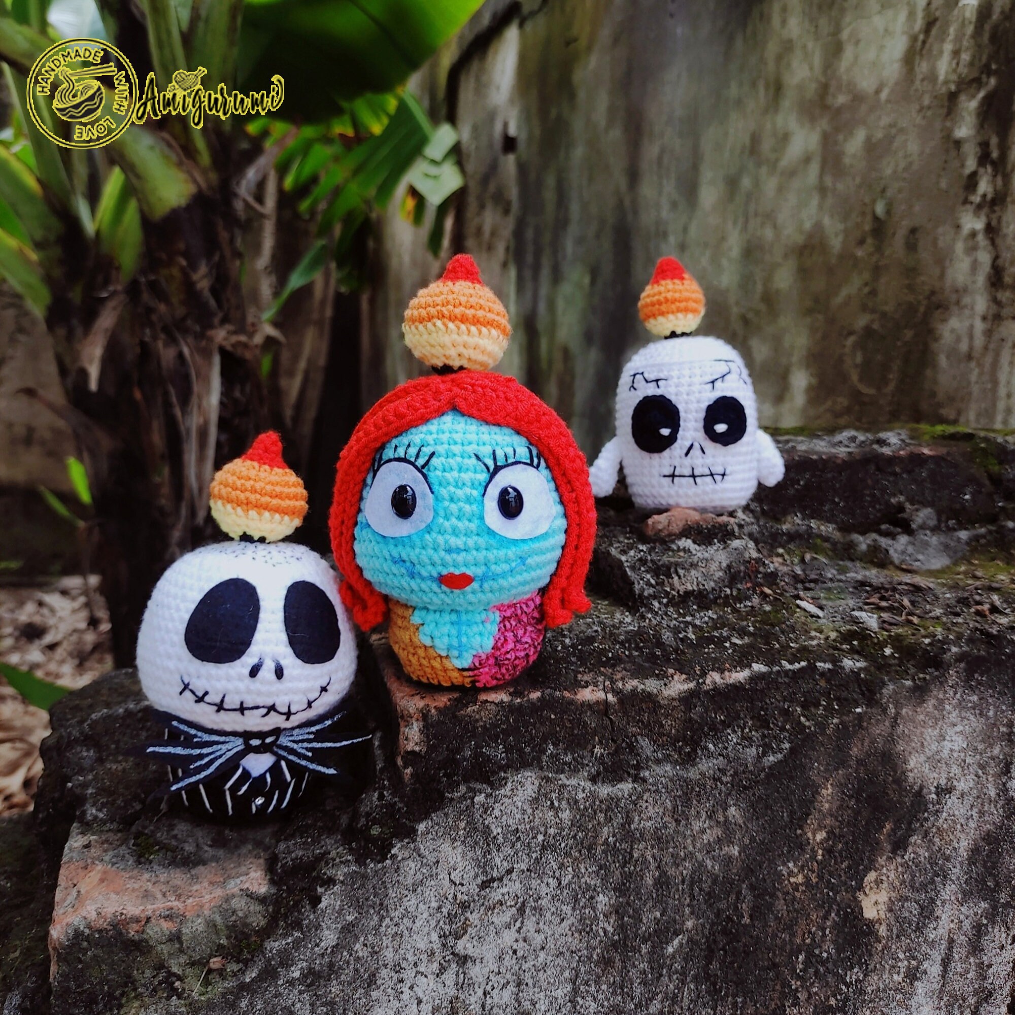 Fanmade Jack Skellington and Sally,Frankenstein Amigurumi Halloween Candle Crochet Doll, Halloween Candle Amigurumi Doll