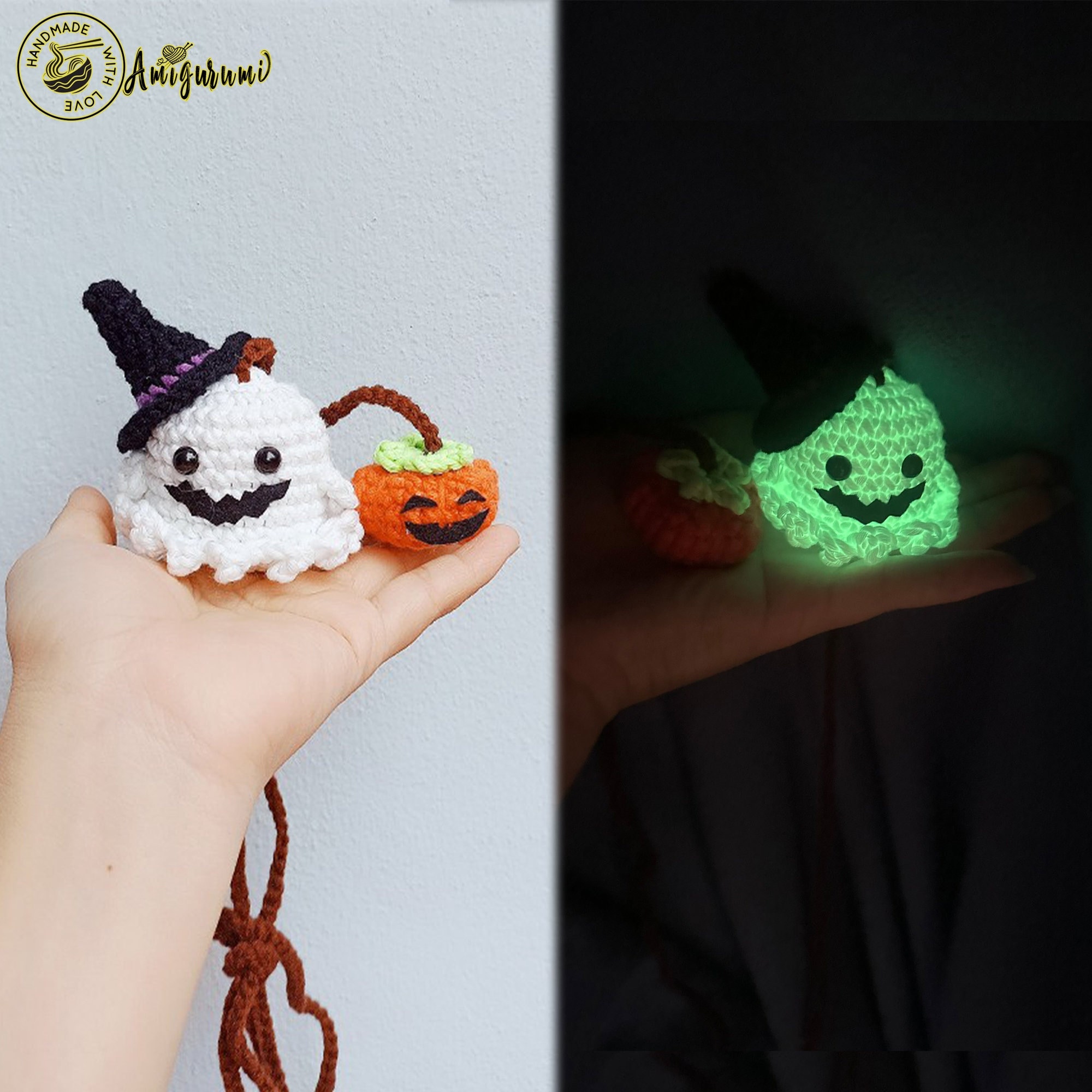 Amigurumi Ghost and Pumpkin Halloween Car Rear View Mirror Accessory Glows in the Dark, Ghost and Pumpkin Halloween Glows in the Dark